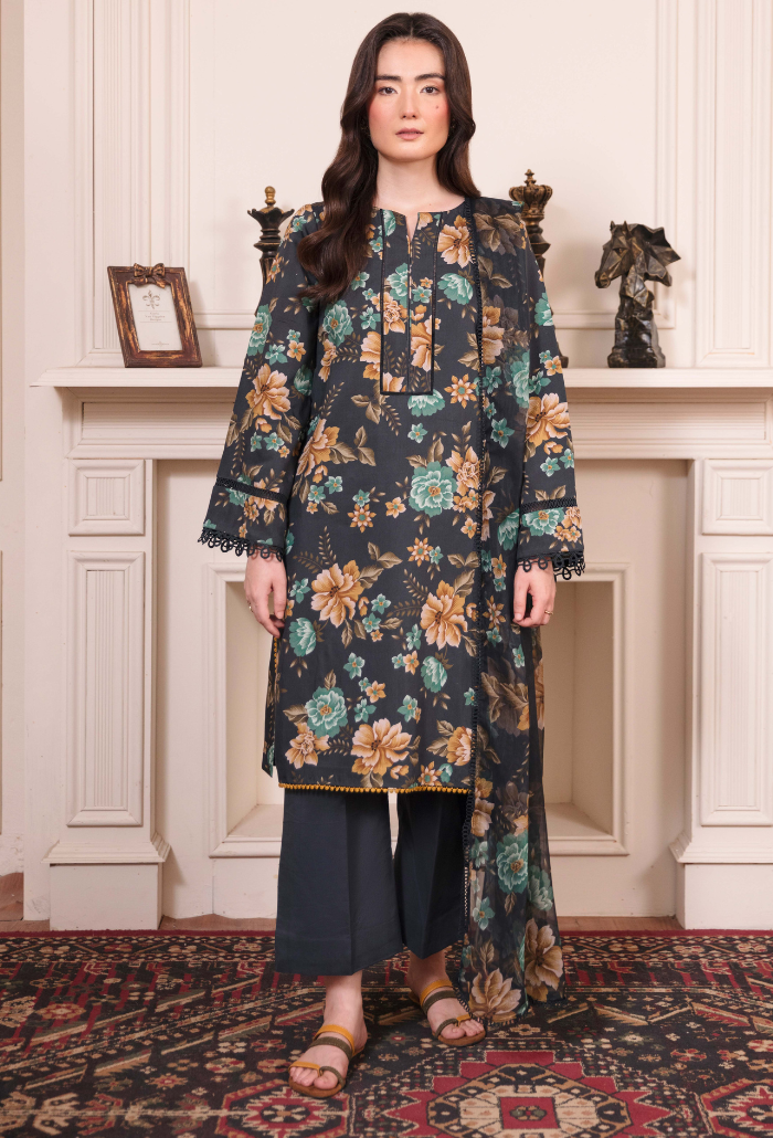 Woman wearing a floral dress with a dark background