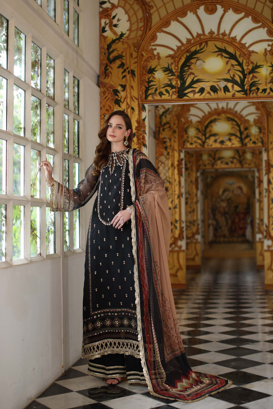 Noor by Saadia Asad Embroidered Cotton Net Unstitched 3Pc Suit D-01 Black