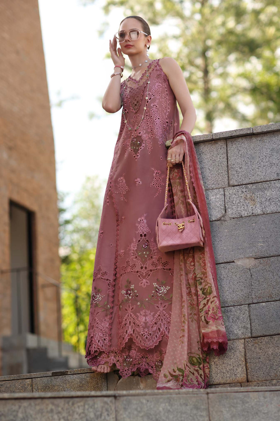 Noor by Saadia Asad Luxury Eid Schiffli Laserkari Unstitched Suit D1 -Rosé Allure