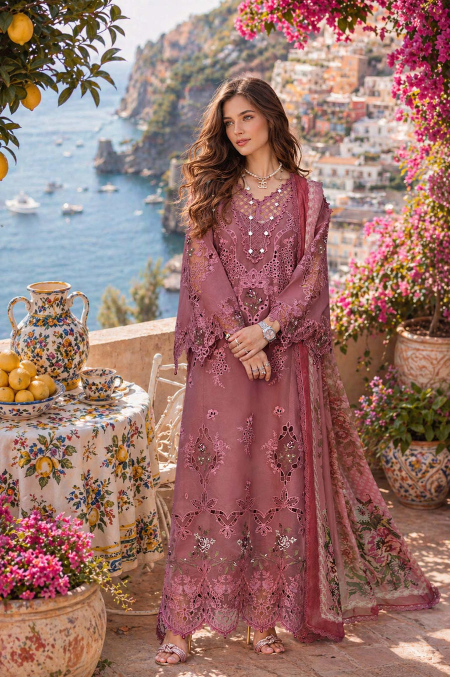 Noor by Saadia Asad Luxury Eid Schiffli Laserkari Unstitched Suit D1 -Rosé Allure