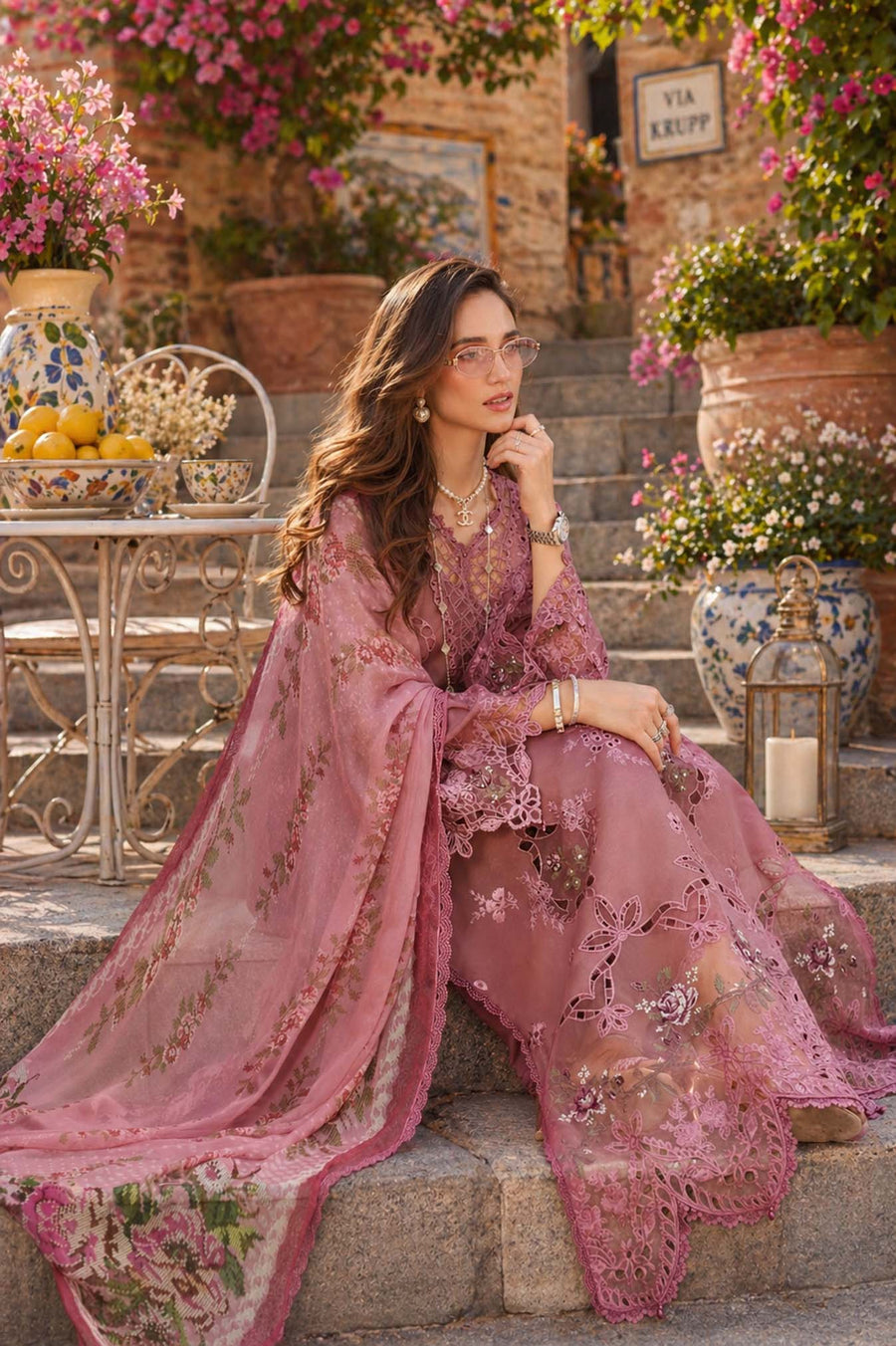 Noor by Saadia Asad Luxury Eid Schiffli Laserkari Unstitched Suit D1 -Rosé Allure
