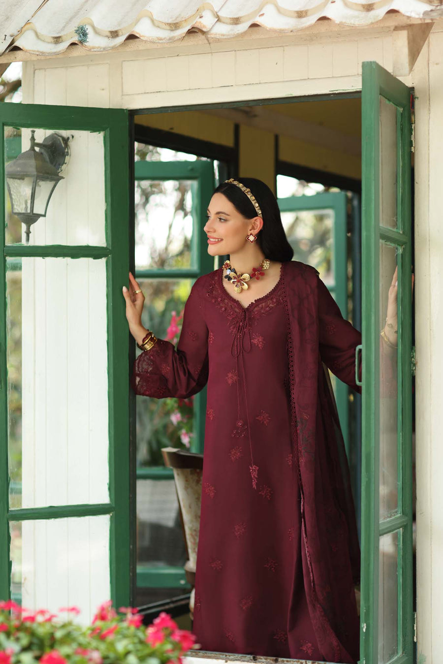 Noor by Saadia Asad Eid Luxe Printkhaas Unstitched 3Pc Suit D-10 Burgundy