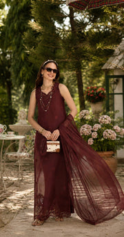 Noor by Saadia Asad Eid Luxe Printkhaas Unstitched 3Pc Suit D-10 Burgundy