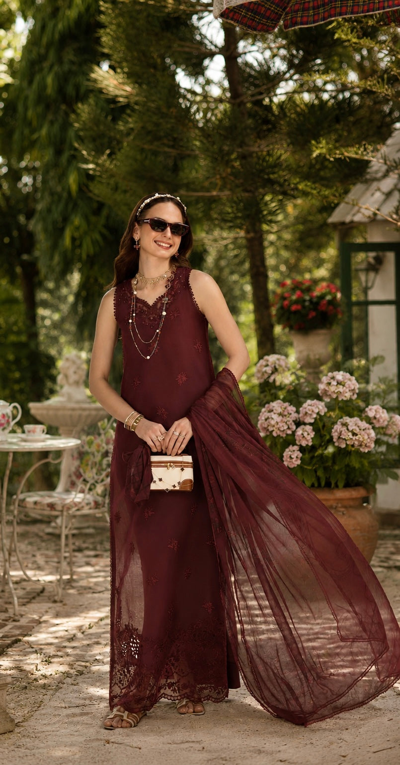 Noor by Saadia Asad Eid Luxe Printkhaas Unstitched 3Pc Suit D-10 Burgundy
