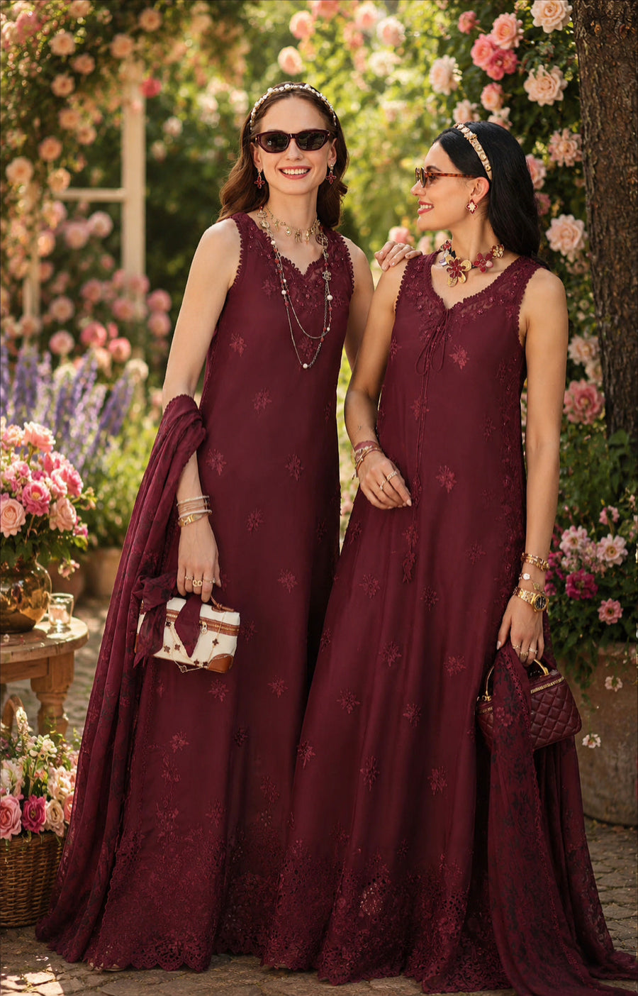 Noor by Saadia Asad Eid Luxe Printkhaas Unstitched 3Pc Suit D-10 Burgundy