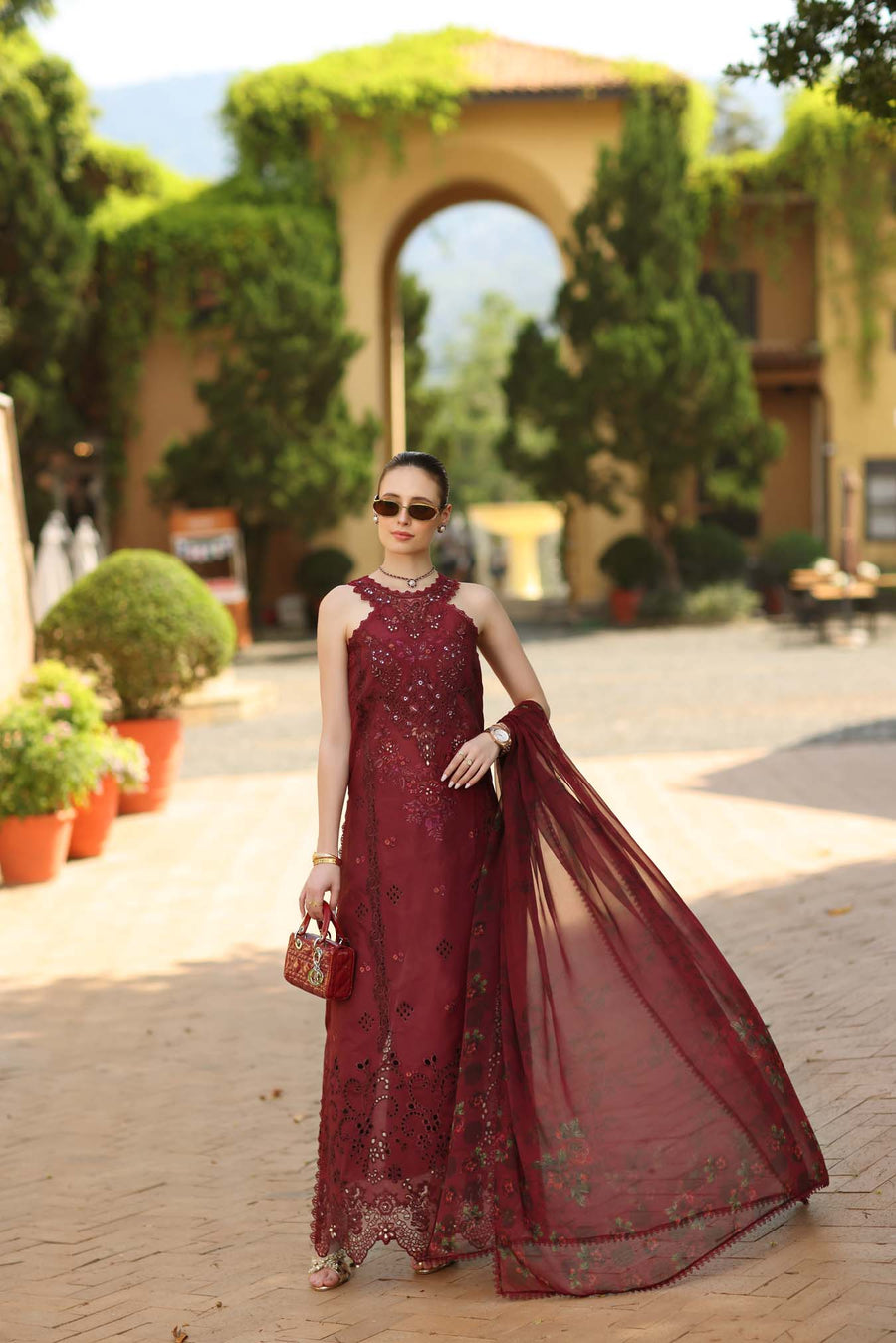 Noor by Saadia Asad Luxury Eid Schiffli Laserkari Unstitched Suit D12 -Amalfi Rouge
