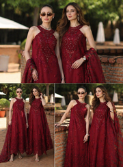 Noor by Saadia Asad Luxury Eid Schiffli Laserkari Unstitched Suit D12 -Amalfi Rouge