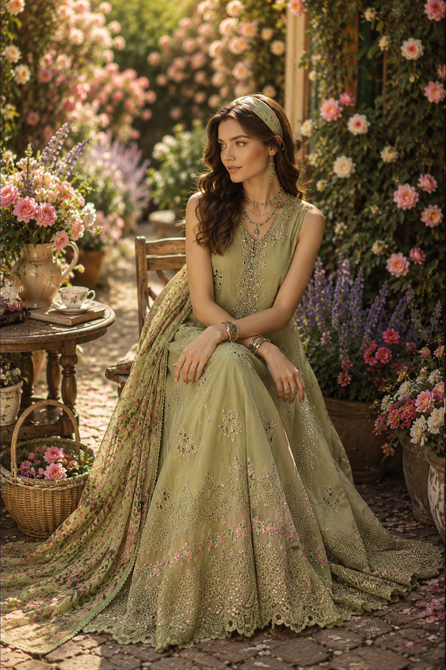 Noor by Saadia Asad Eid Luxe Printkhaas Unstitched 3Pc Suit D-12 Mint Reverie