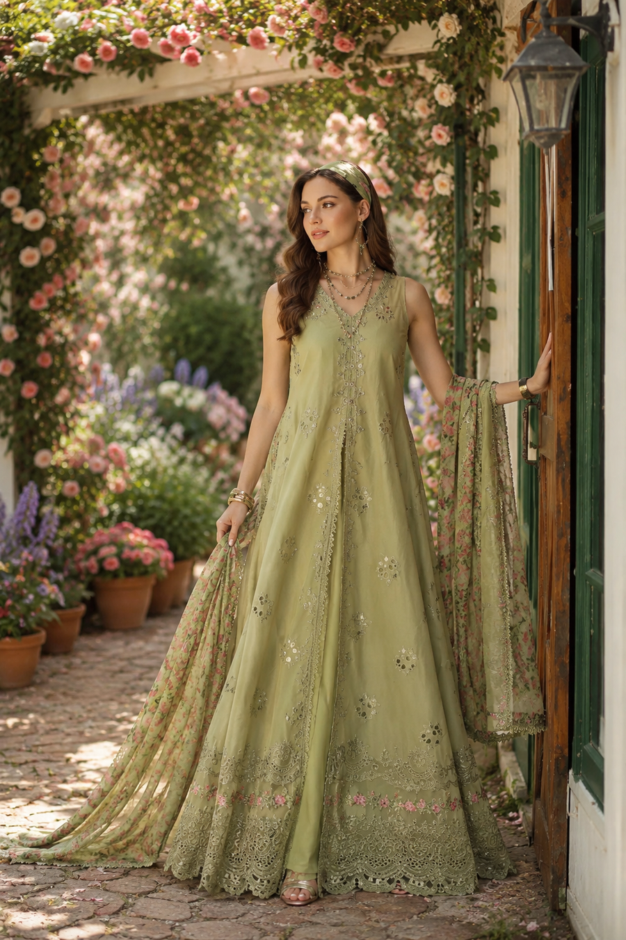 Noor by Saadia Asad Eid Luxe Printkhaas Unstitched 3Pc Suit D-12 Mint Reverie