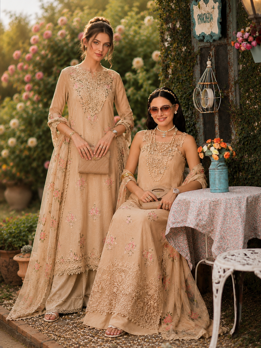 Noor by Saadia Asad Eid Luxe Printkhaas Unstitched 3Pc Suit D-13 Blush Peach