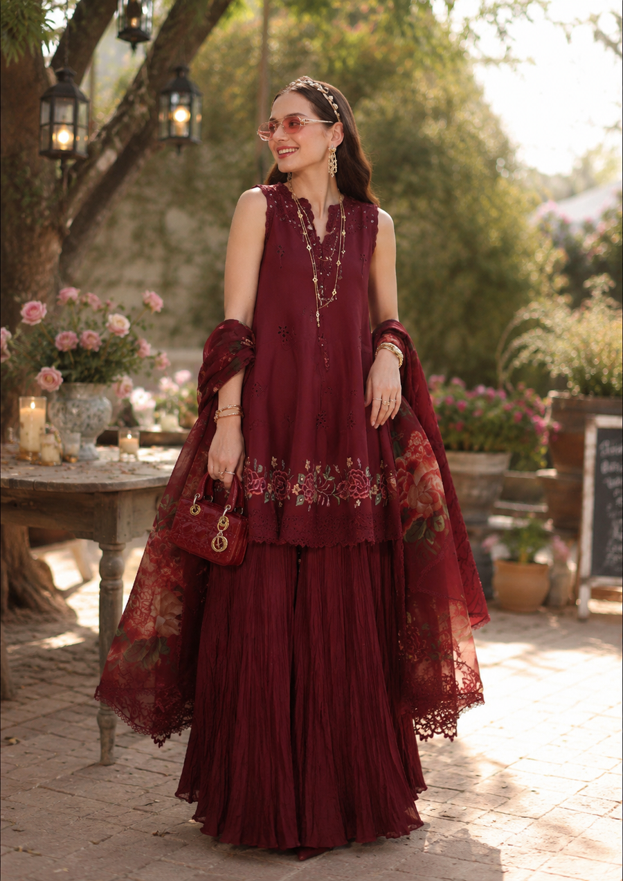 Noor by Saadia Asad Eid Luxe Printkhaas Unstitched 3Pc Suit D-14 Ruby Royale