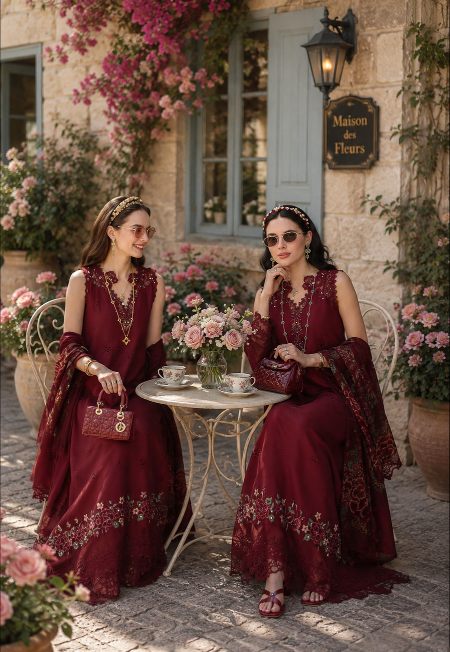 Noor by Saadia Asad Eid Luxe Printkhaas Unstitched 3Pc Suit D-14 Ruby Royale