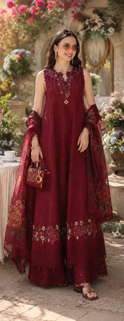 Noor by Saadia Asad Eid Luxe Printkhaas Unstitched 3Pc Suit D-14 Ruby Royale