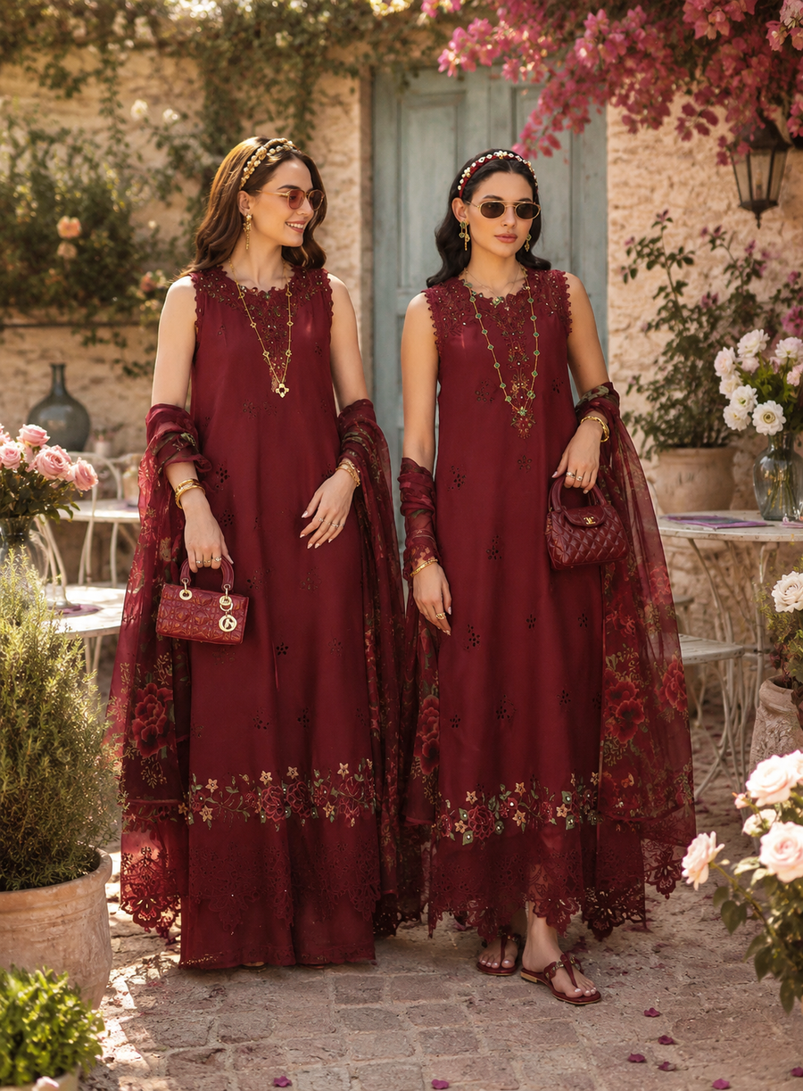 Noor by Saadia Asad Eid Luxe Printkhaas Unstitched 3Pc Suit D-14 Ruby Royale