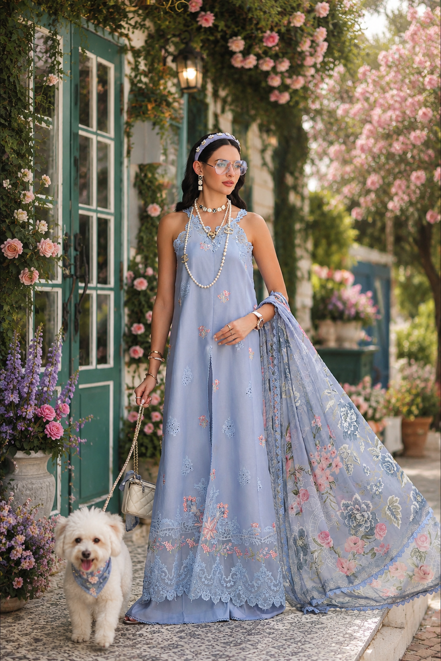 Noor by Saadia Asad Eid Luxe Printkhaas Unstitched 3Pc Suit D-01 Frozen Mist