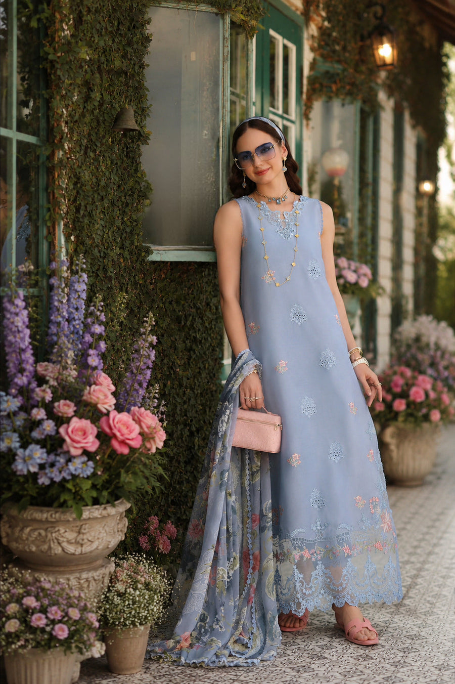 Noor by Saadia Asad Eid Luxe Printkhaas Unstitched 3Pc Suit D-01 Frozen Mist