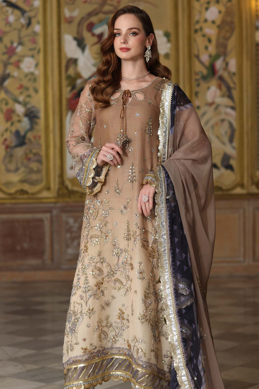 Noor by Saadia Asad Embroidered Cotton Net Unstitched 3Pc Suit D-02 Beige