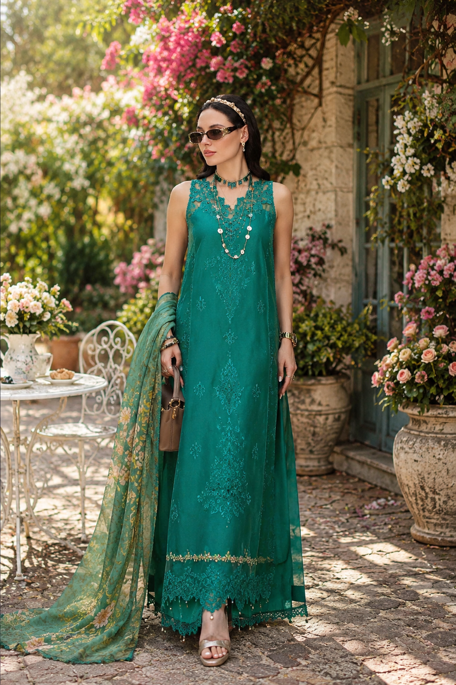 Noor by Saadia Asad Eid Luxe Printkhaas Unstitched 3Pc Suit D-02 Peacock Green