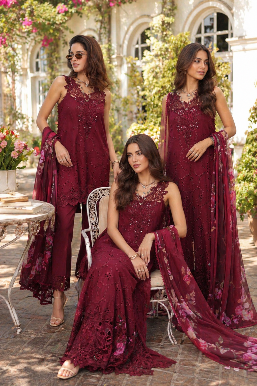 Noor by Saadia Asad Luxe Chikankari Unstitched Lawn 3Pc Suit D-03 Bordeaux