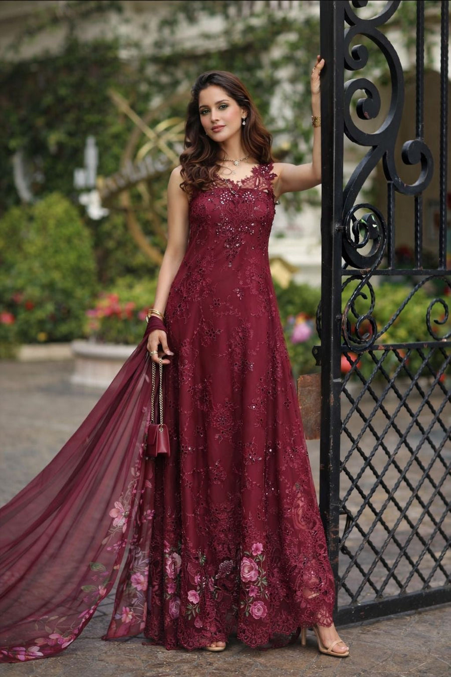 Noor by Saadia Asad Luxe Chikankari Unstitched Lawn 3Pc Suit D-03 Bordeaux