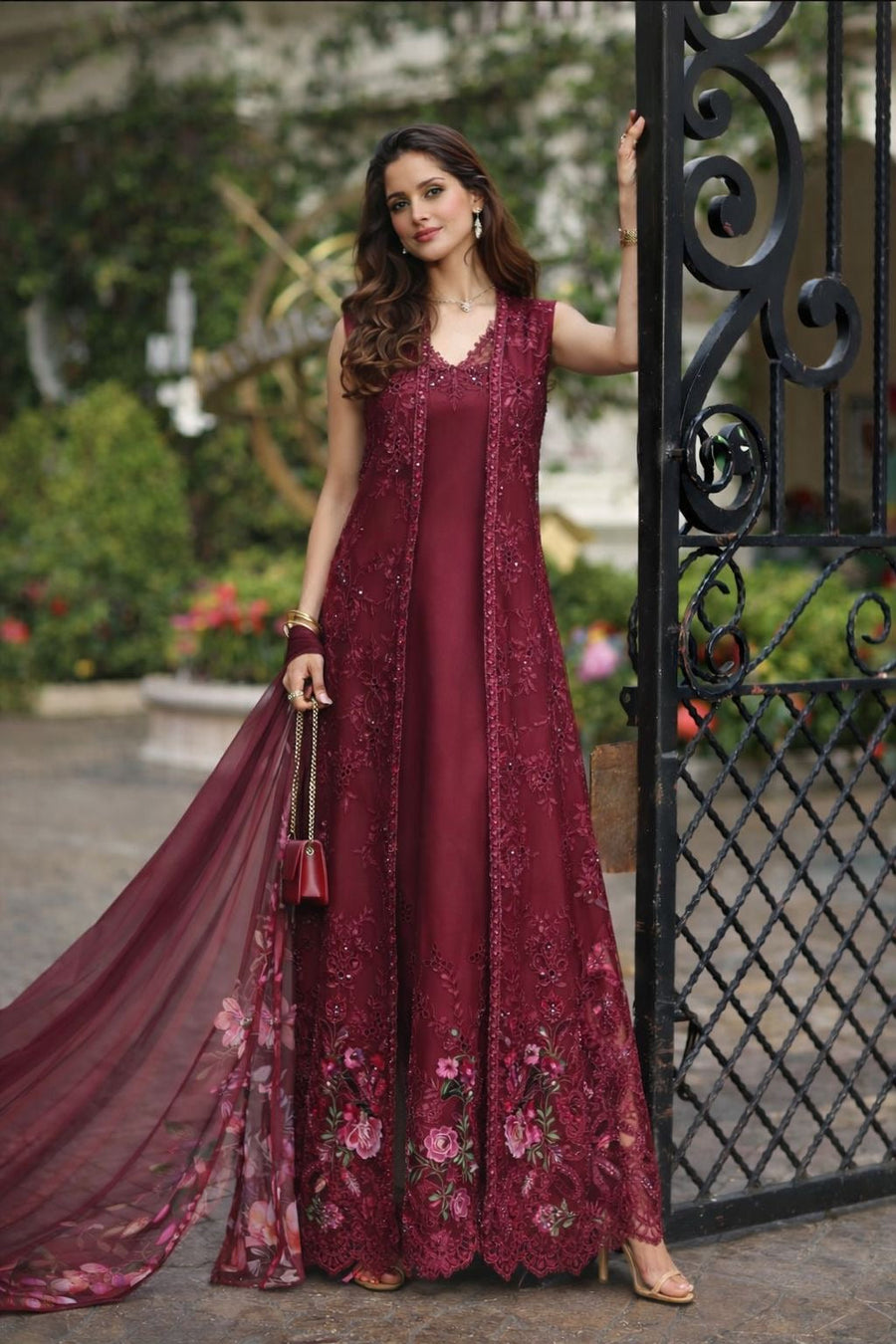 Noor by Saadia Asad Luxe Chikankari Unstitched Lawn 3Pc Suit D-03 Bordeaux