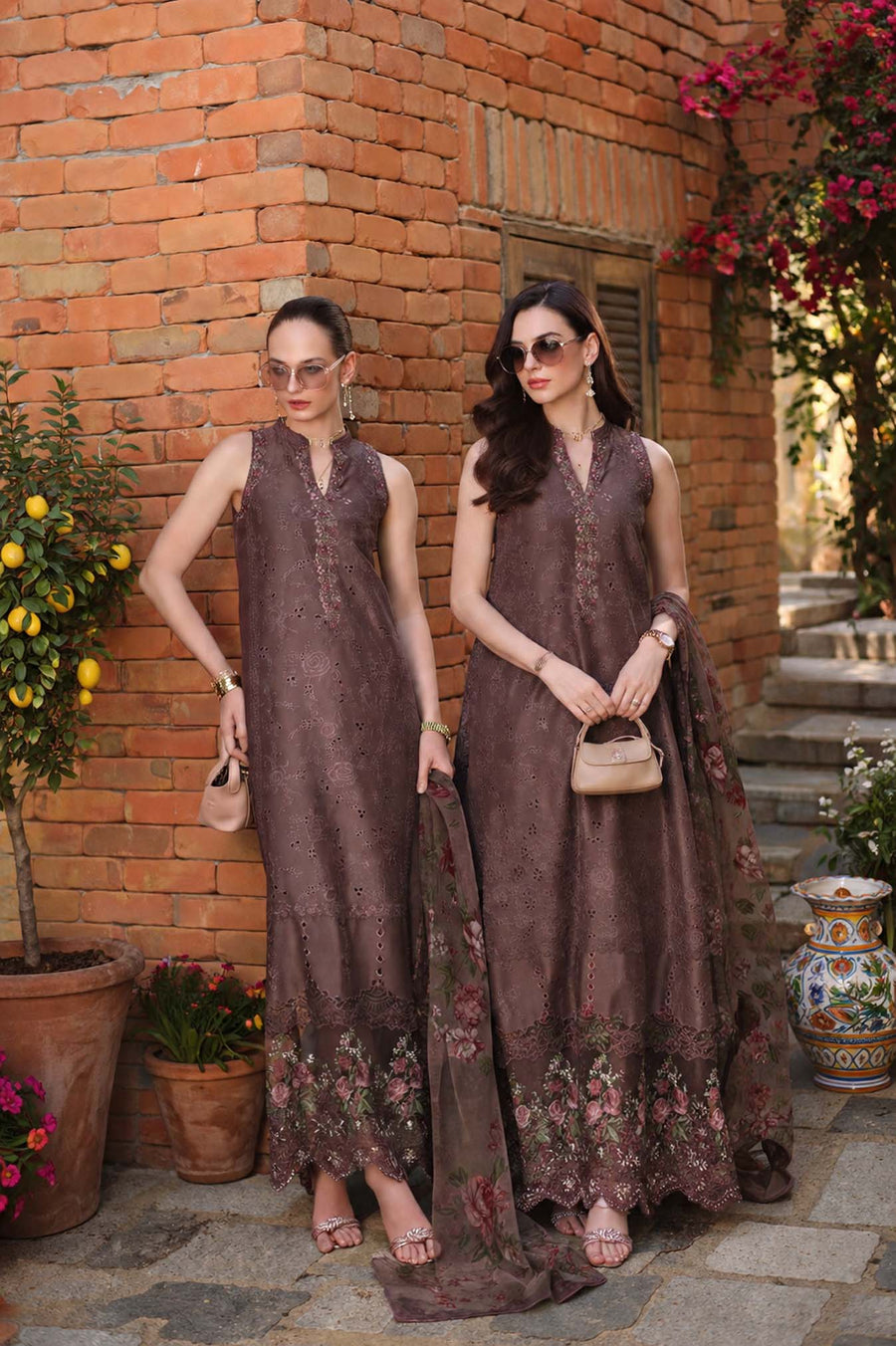 Noor by Saadia Asad Luxury Eid Schiffli Laserkari Unstitched Suit D3 -Espresso Rose