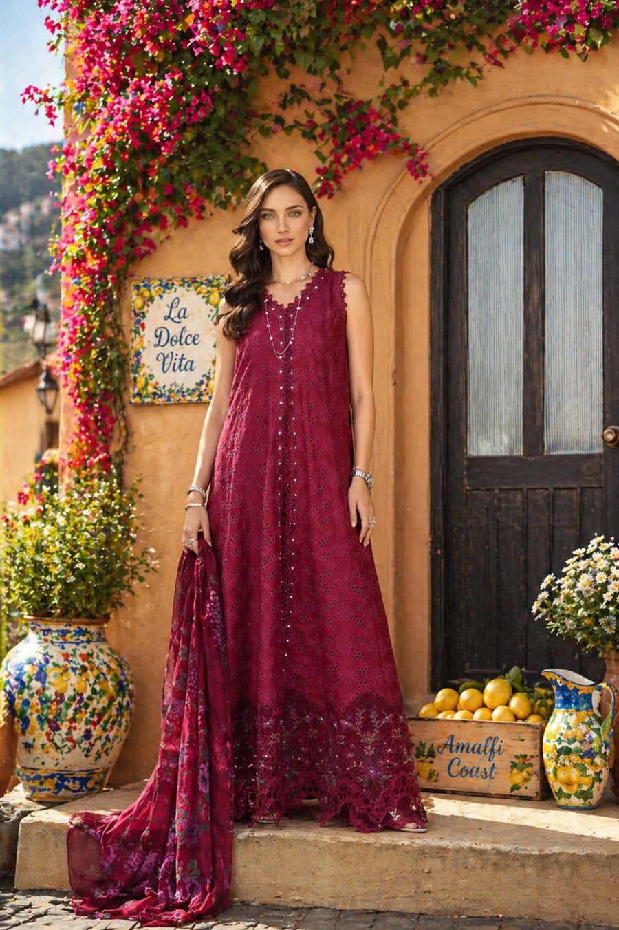 Noor by Saadia Asad Luxury Eid Schiffli Laserkari Unstitched Suit D4 -Fuchia Élégance