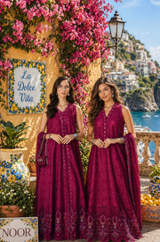 Noor by Saadia Asad Luxury Eid Schiffli Laserkari Unstitched Suit D4 -Fuchia Élégance