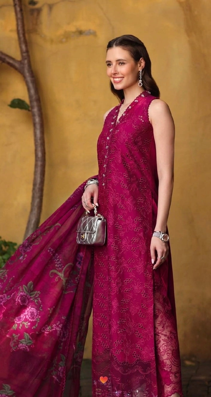 Noor by Saadia Asad Luxury Eid Schiffli Laserkari Unstitched Suit D4 -Fuchia Élégance