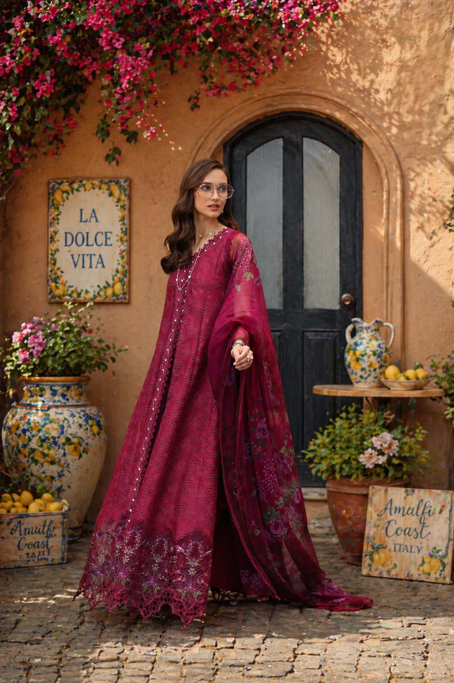Noor by Saadia Asad Luxury Eid Schiffli Laserkari Unstitched Suit D4 -Fuchia Élégance