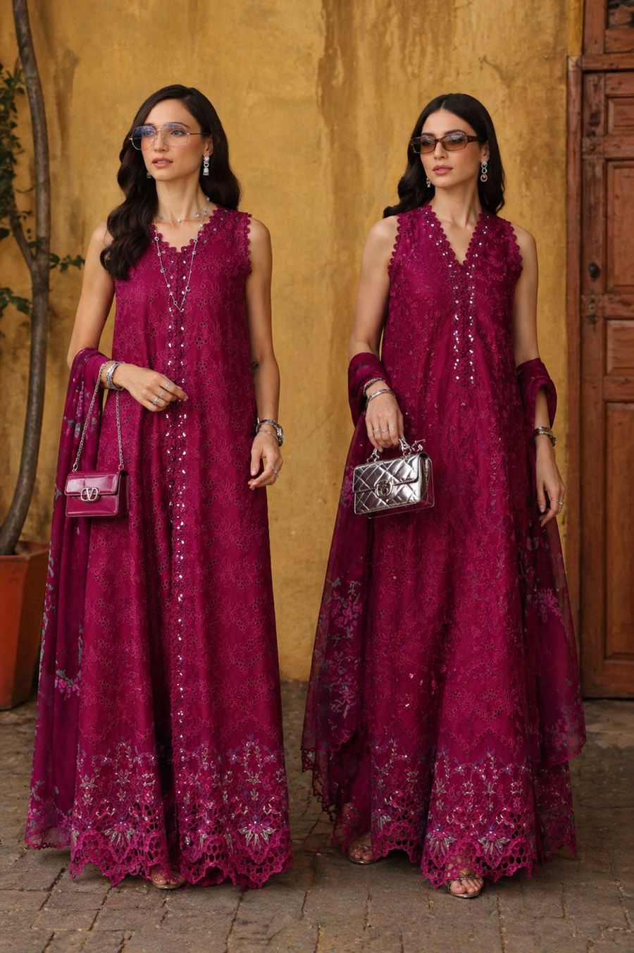Noor by Saadia Asad Luxury Eid Schiffli Laserkari Unstitched Suit D4 -Fuchia Élégance