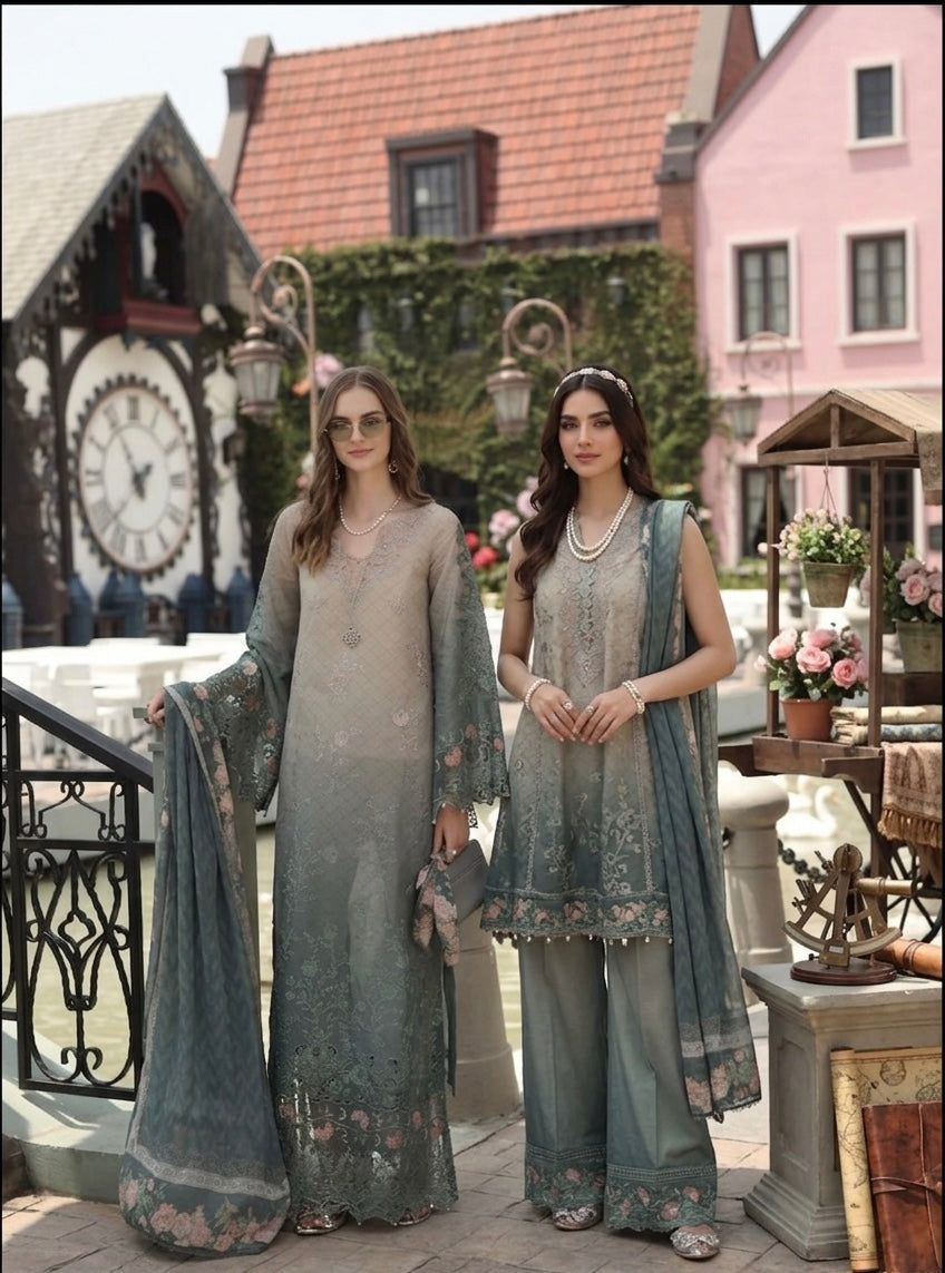Noor by Saadia Asad Luxe Chikankari Unstitched Lawn 3Pc Suit D-04 Smoke Zinc