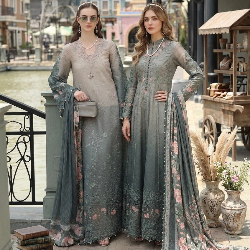 Noor by Saadia Asad Luxe Chikankari Unstitched Lawn 3Pc Suit D-04 Smoke Zinc