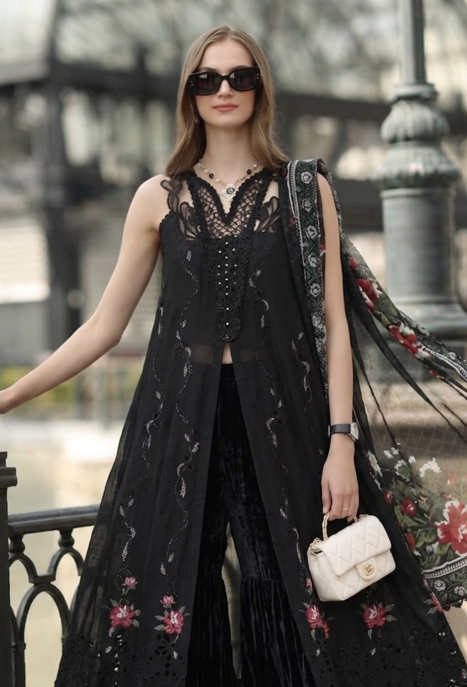 Noor by Saadia Asad Luxe Chikankari Unstitched Lawn 3Pc Suit D-05 Cross stitch Black