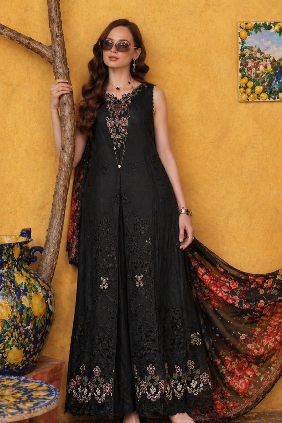 Noor by Saadia Asad Luxury Eid Schiffli Laserkari Unstitched Suit D5 - Raven Black