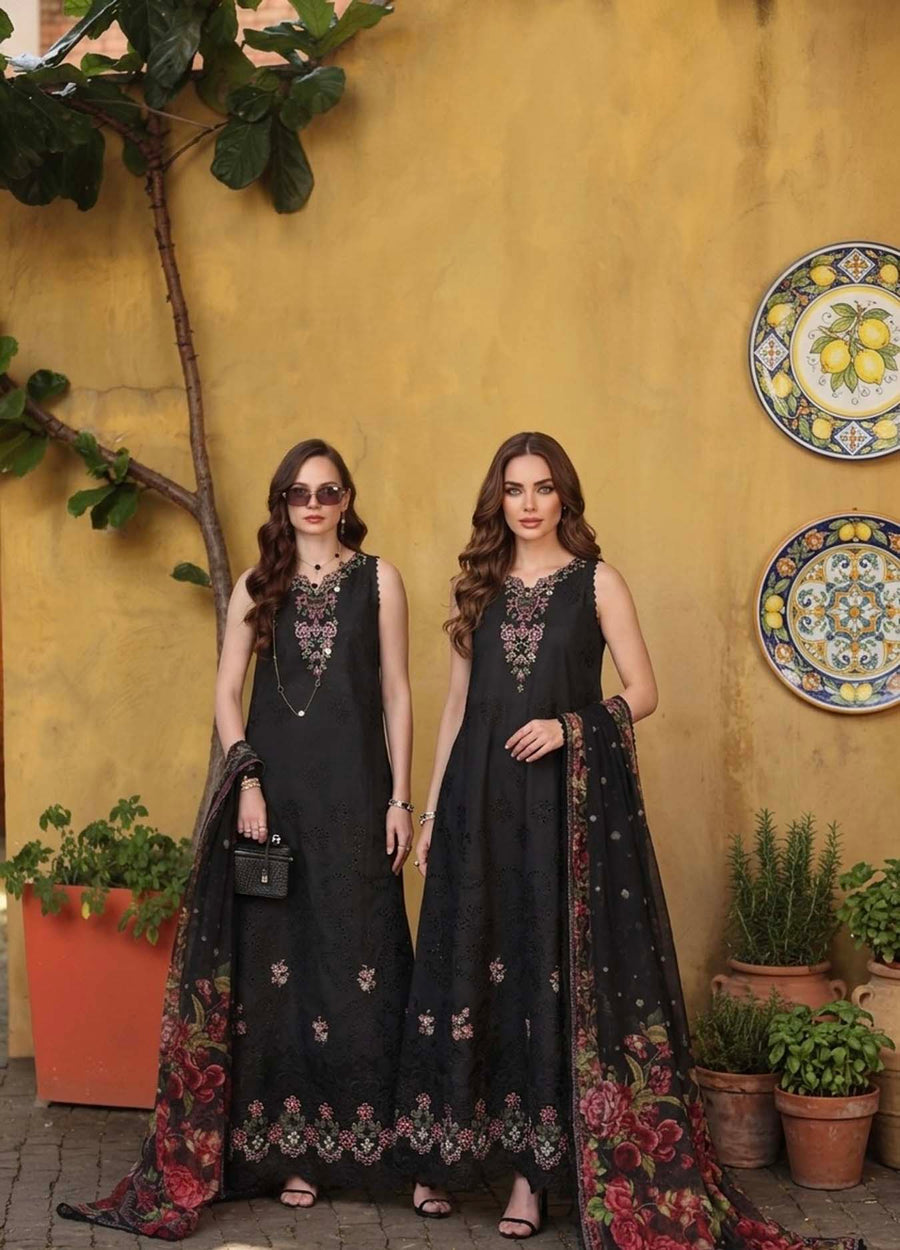 Noor by Saadia Asad Luxury Eid Schiffli Laserkari Unstitched Suit D5 - Raven Black