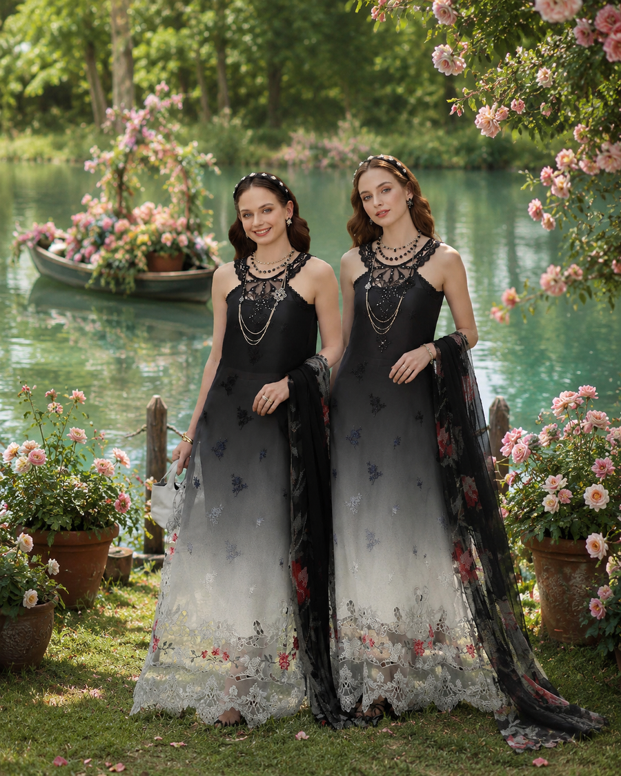 Noor by Saadia Asad Eid Luxe Printkhaas Unstitched 3Pc Suit D-05 Midnight Smoke