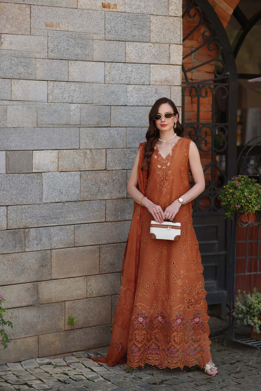Noor by Saadia Asad Luxury Eid Schiffli Laserkari Unstitched Suit D6 -Amber Rustique