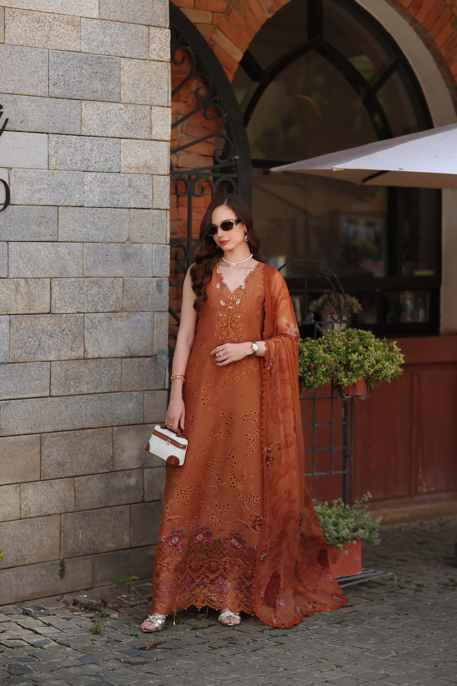 Noor by Saadia Asad Luxury Eid Schiffli Laserkari Unstitched Suit D6 -Amber Rustique