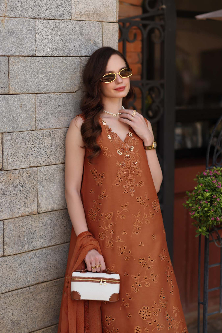 Noor by Saadia Asad Luxury Eid Schiffli Laserkari Unstitched Suit D6 -Amber Rustique