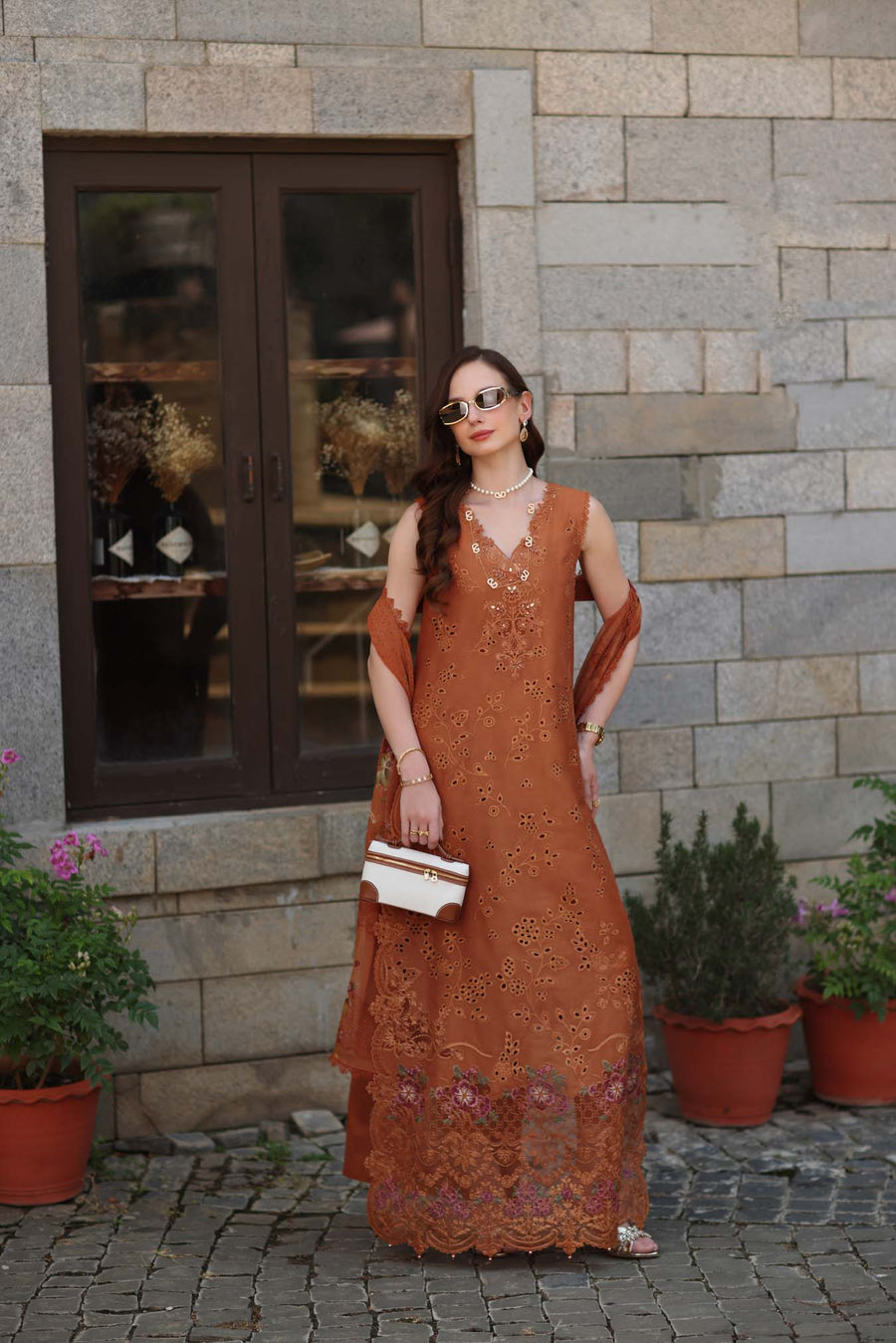 Noor by Saadia Asad Luxury Eid Schiffli Laserkari Unstitched Suit D6 -Amber Rustique