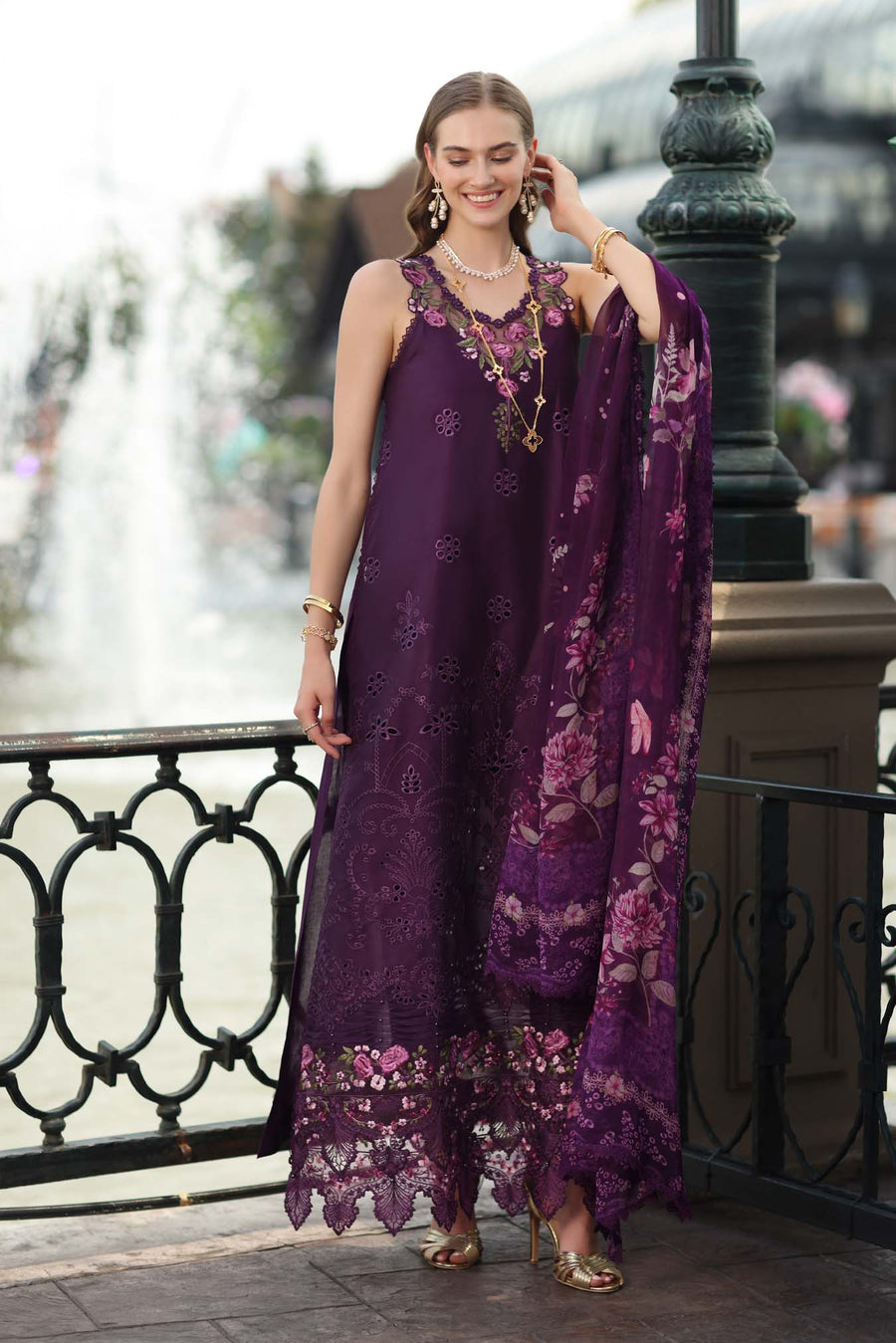 Noor by Saadia Asad Luxe Chikankari Unstitched Lawn 3Pc Suit D-07 Aubergine Bloom