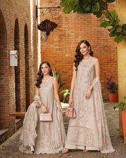 Noor by Saadia Asad Luxury Eid Schiffli Laserkari Unstitched Suit D7 -Gris Tourtelle