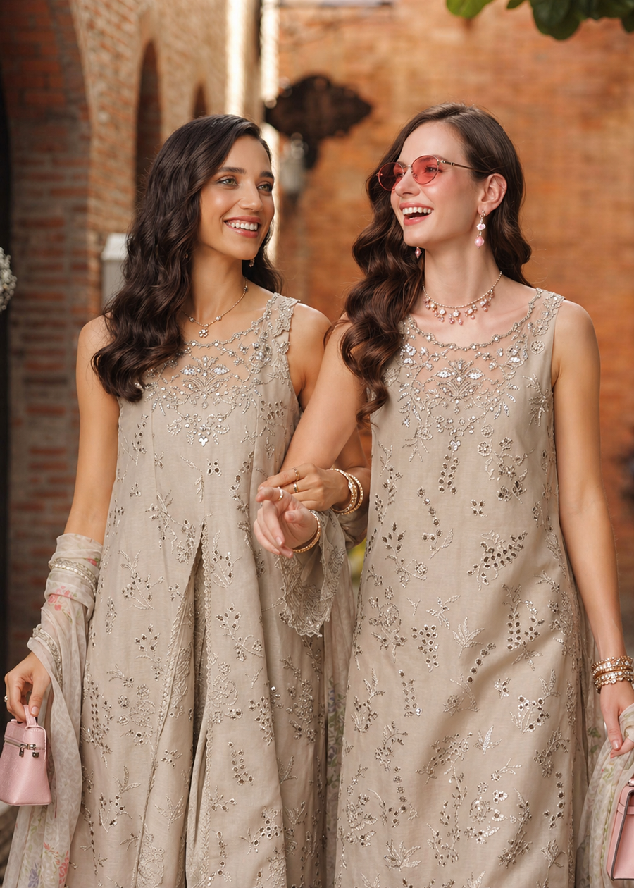 Noor by Saadia Asad Luxury Eid Schiffli Laserkari Unstitched Suit D7 -Gris Tourtelle