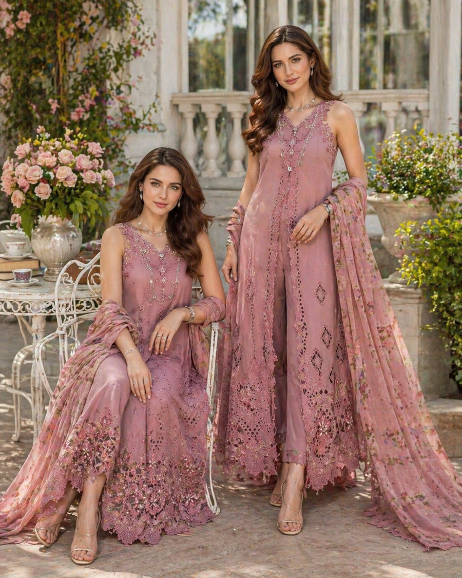 Noor by Saadia Asad Luxe Chikankari Unstitched Lawn 3Pc Suit D-08 Rosewood Blush