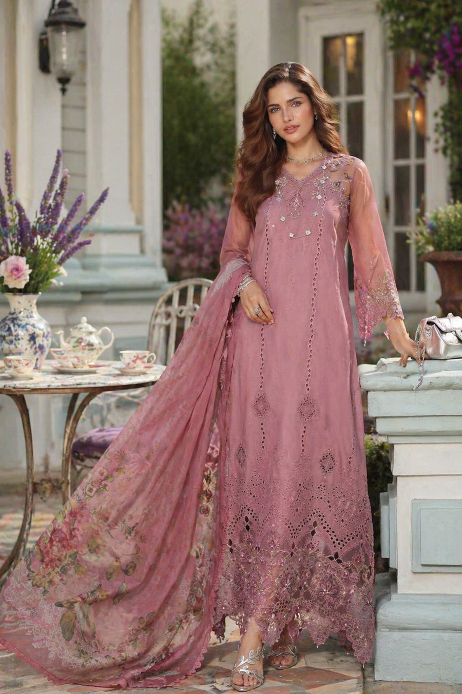 Noor by Saadia Asad Luxe Chikankari Unstitched Lawn 3Pc Suit D-08 Rosewood Blush