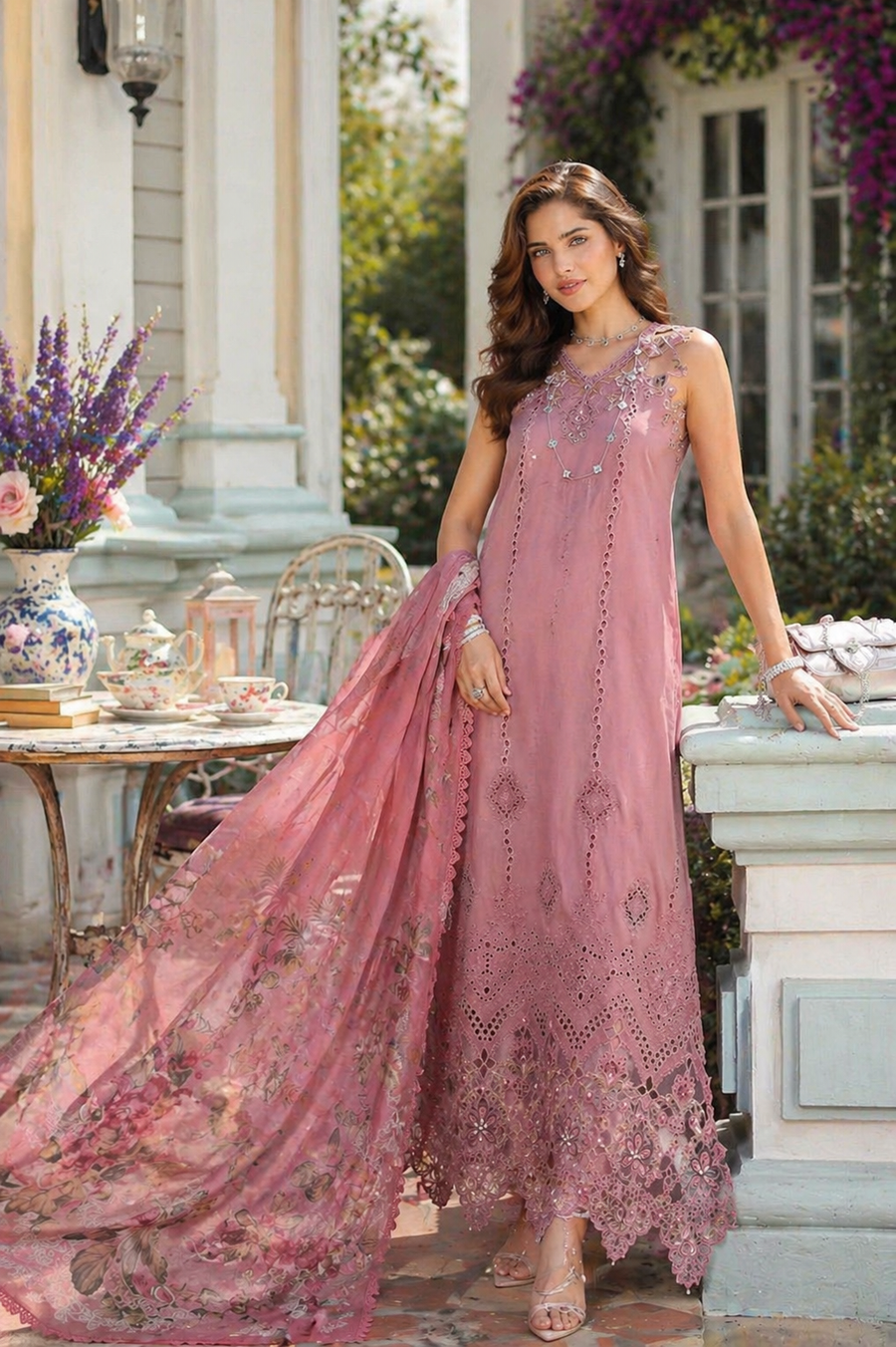 Noor by Saadia Asad Luxe Chikankari Unstitched Lawn 3Pc Suit D-08 Rosewood Blush