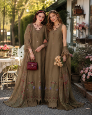 Noor by Saadia Asad Eid Luxe Printkhaas Unstitched 3Pc Suit D-08 Mocha Sienna