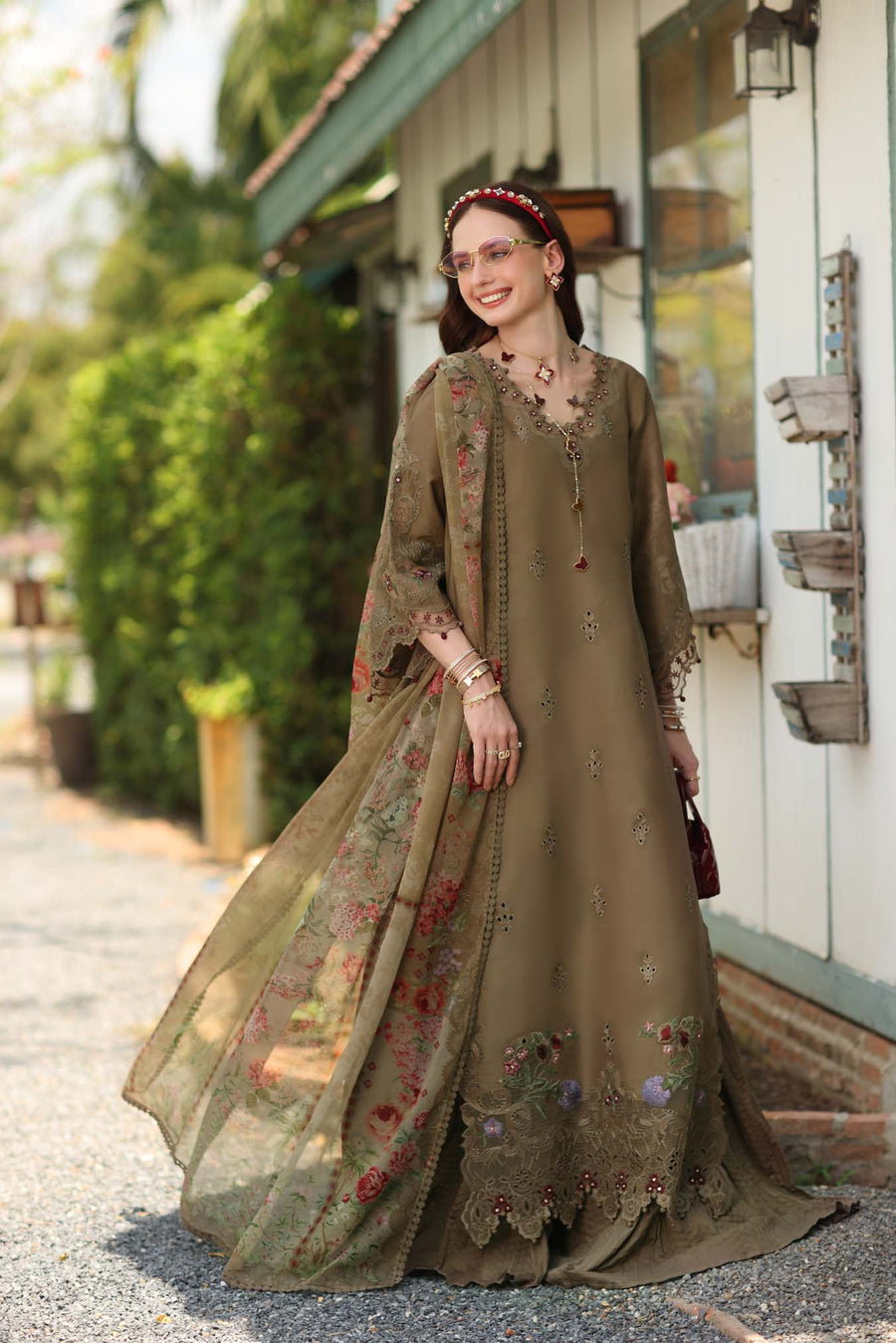 Noor by Saadia Asad Eid Luxe Printkhaas Unstitched 3Pc Suit D-08 Mocha Sienna