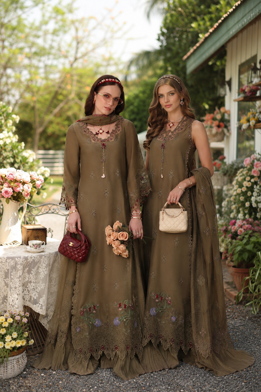 Noor by Saadia Asad Eid Luxe Printkhaas Unstitched 3Pc Suit D-08 Mocha Sienna